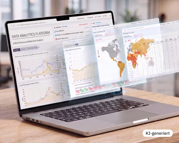 KI-generiertes Bild: Der Preis steht da, die Frage ist, warum: HGS Research auf einem Laptop, Diagramme und Weltkarten zu Marktdaten schweben aus dem Bildschirm.